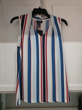Jones New York Signature Sleeveless V-Neck Striped Tank Top Blue/White/Red Siz S
